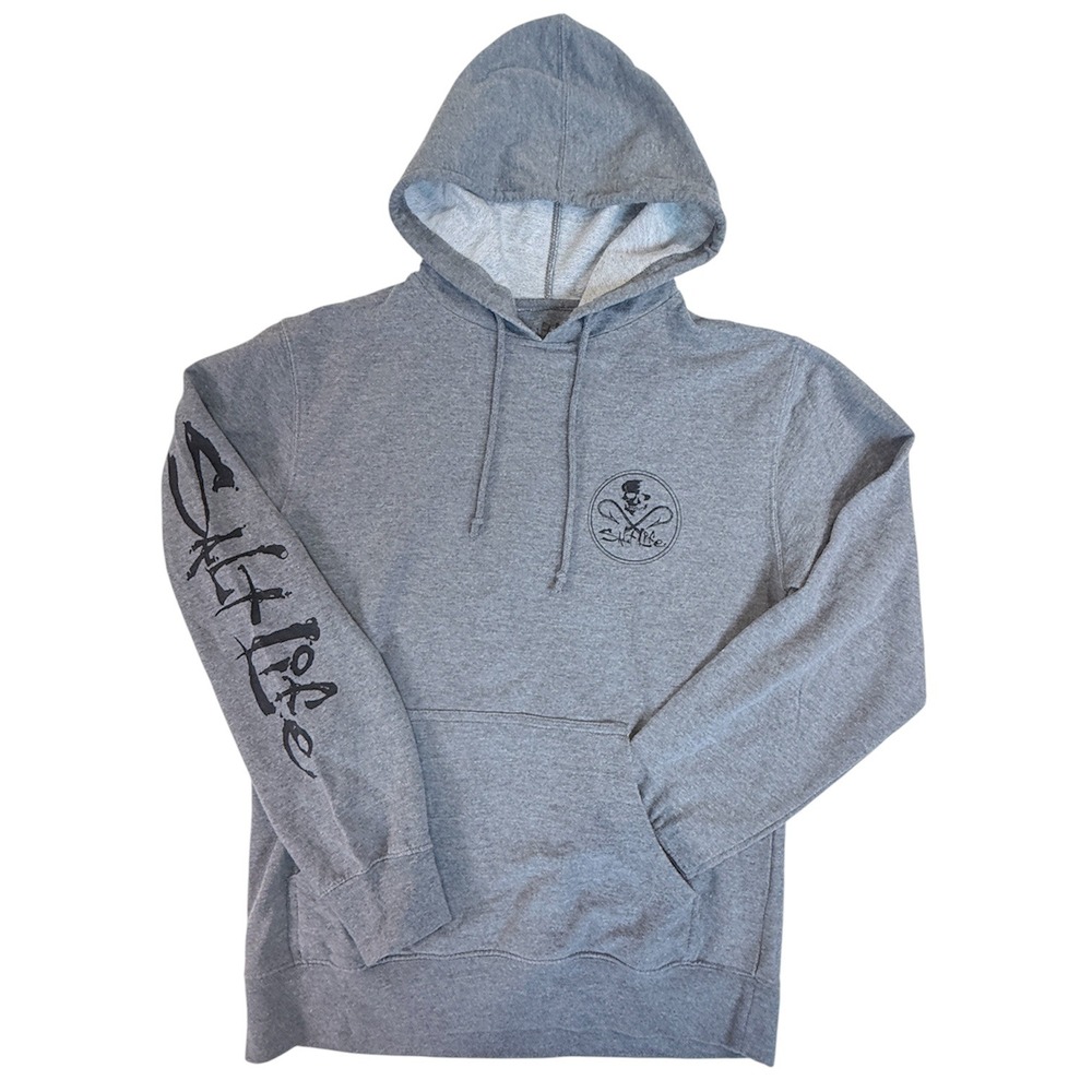 Salt Life Hoodie Men Medium Gray Slub Knit Hook Skull Graphic Pullover SLM10636